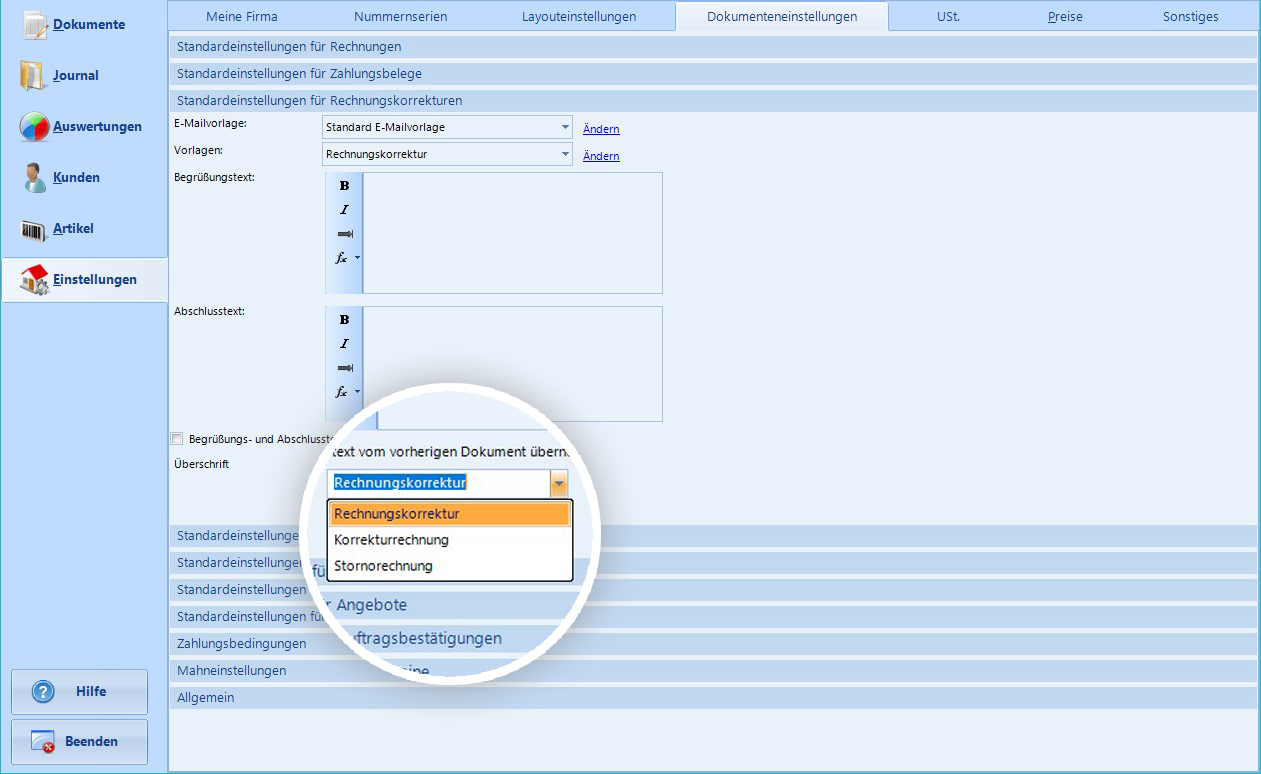 Standardeinstellungen Rechnungskorrektur
